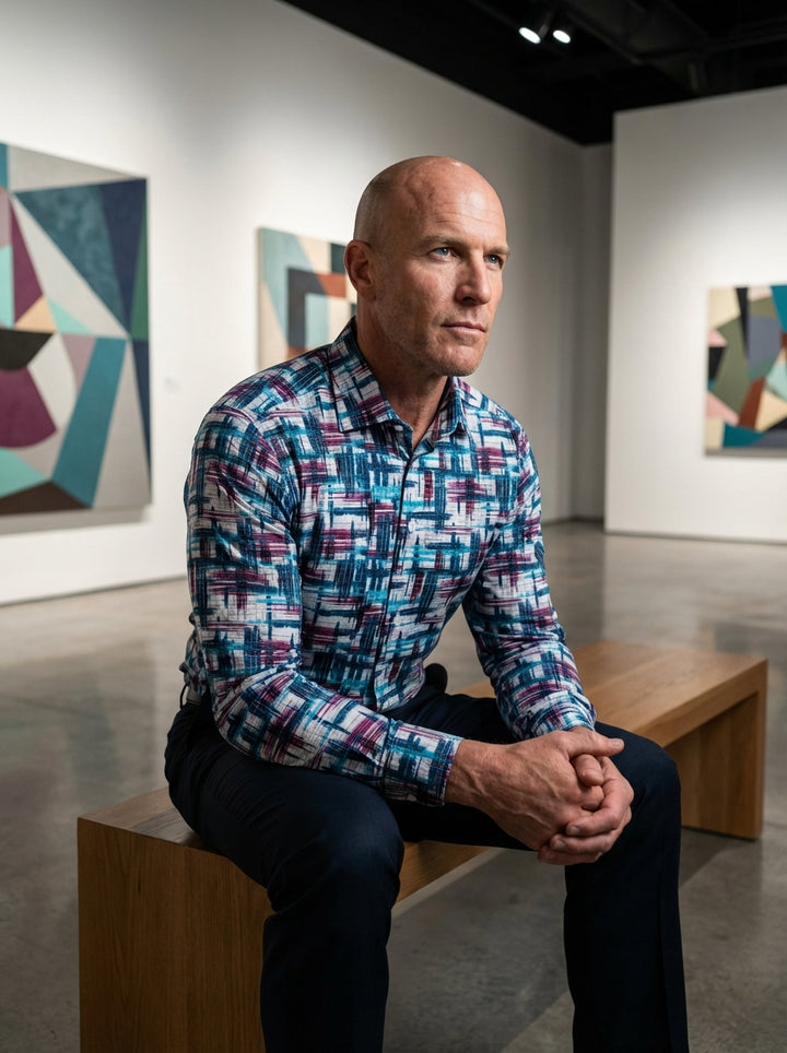Elevate your wardrobe with the Masutto button-down shirt, featuring a bold, abstract crosshatch pattern in vibrant teal, navy, and magenta. Crafted for a modern fit, this long-sleeve piece combines artistic flair with classic tailoring for a sophisticated