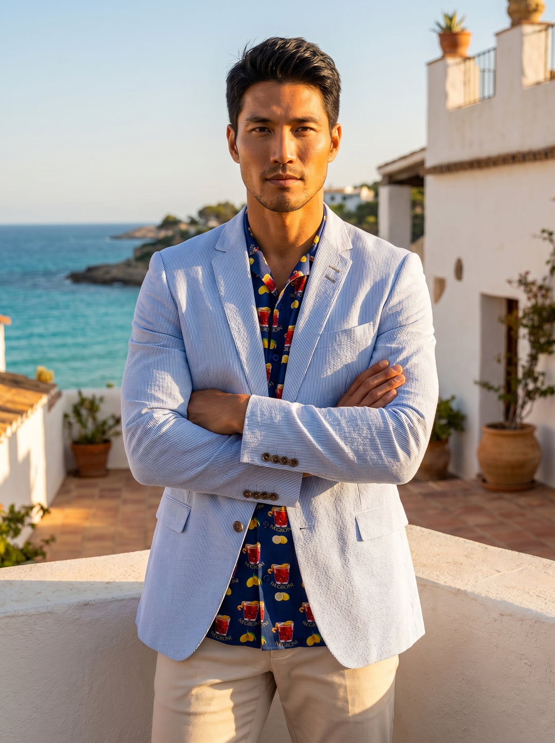 A refined light blue seersucker blazer featuring classic notched lapels and a two-button front. It is layered over a navy short-sleeve shirt with a playful Negroni and lemon print, paired with neutral beige trousers for a sophisticated summer look.