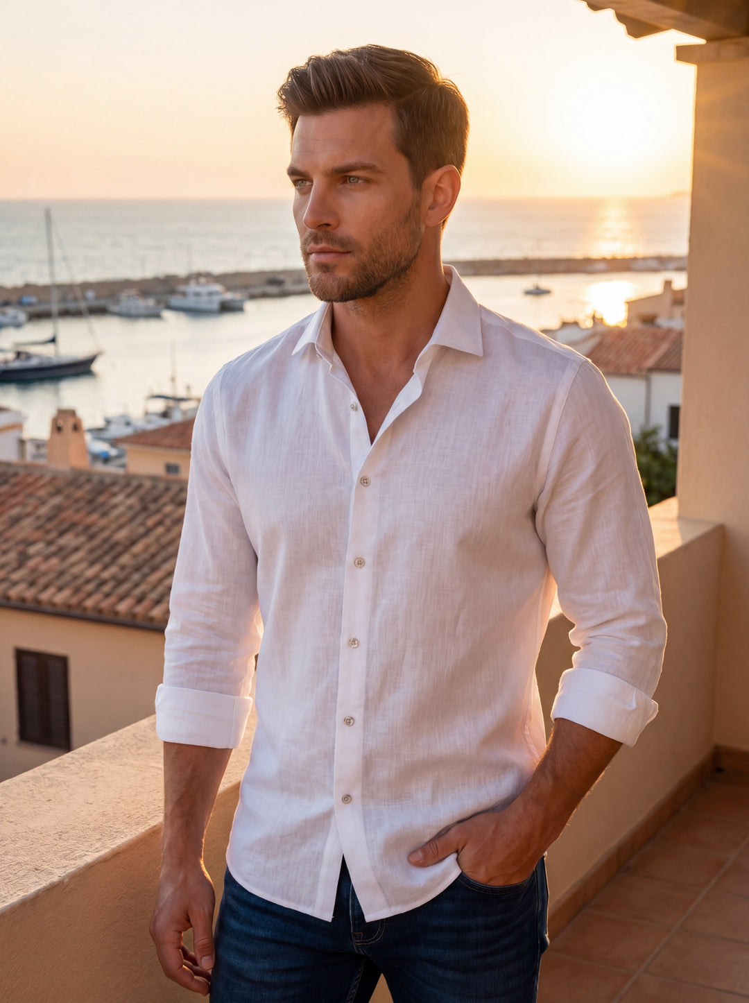 This classic white long-sleeve linen-blend shirt features a slim fit, crisp button-down front, and spread collar. Crafted for breathability and comfort, it includes adjustable cuffs and a curved hem, offering a versatile staple for sophisticated yet relax