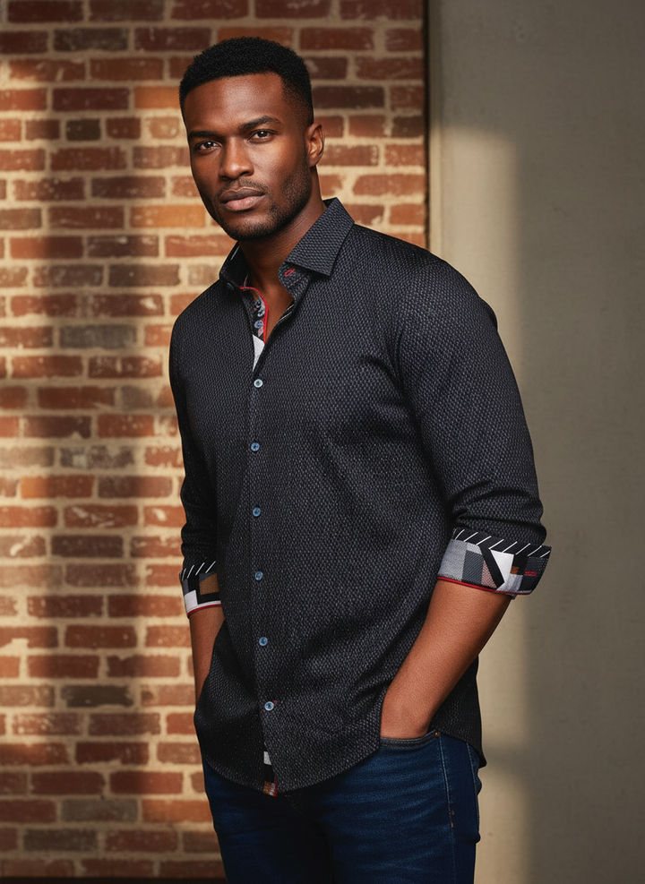 Sophisticated men's dark button-up shirt featuring a subtle geometric pattern and striking contrast details on the collar, cuffs, and placket. Perfect for a sharp, modern look that transitions from business casual to evening wear.