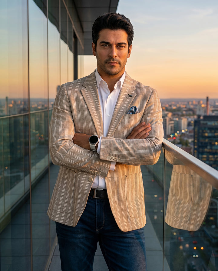 This sophisticated ensemble features a beige and white vertically striped linen-blend blazer, paired with a crisp white button-down shirt and dark wash denim jeans. The look is elevated with a patterned pocket square and a modern smart watch accessory.