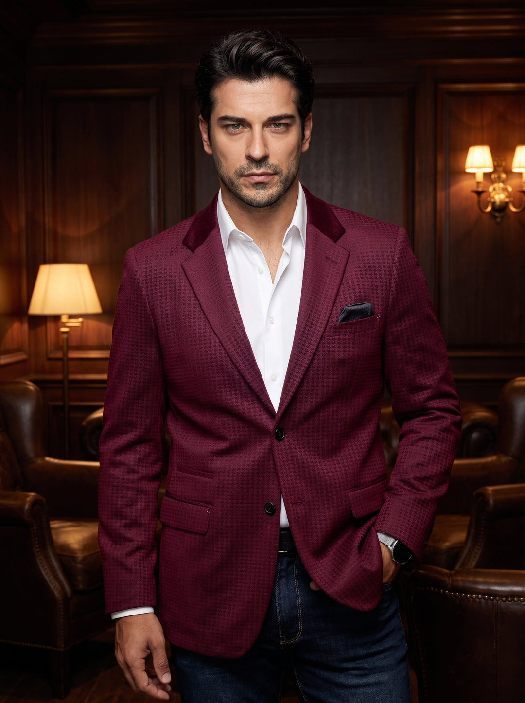 A textured burgundy blazer featuring a subtle houndstooth pattern and velvet lapel accents. This tailored jacket includes a notched lapel, a dark pocket square, and a single-button closure, paired over a crisp white shirt for a refined, modern aesthetic.