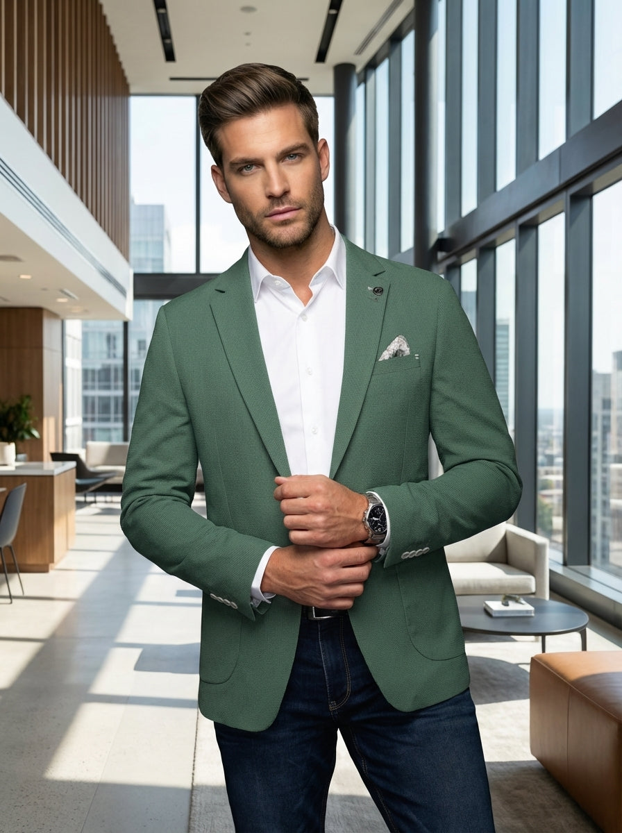 A sophisticated men's sage green textured blazer featuring a tailored fit, notch lapel, and a distinctive patterned pocket square. Paired with a crisp white button-down shirt and dark denim, this ensemble offers a perfect balance of elegance and casual st