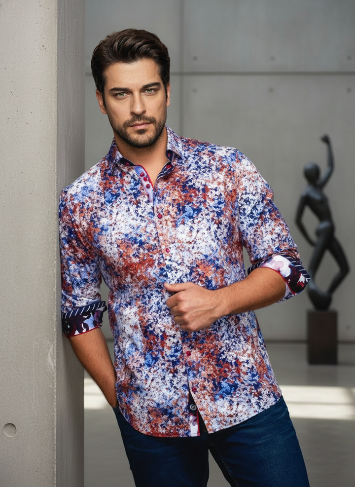 Elevate your style with this men's modern long-sleeve shirt, featuring a vibrant abstract splatter print in blue, red, and white. Designed with sophisticated contrasting inner cuffs and placket, it offers an artistic edge for any occasion.