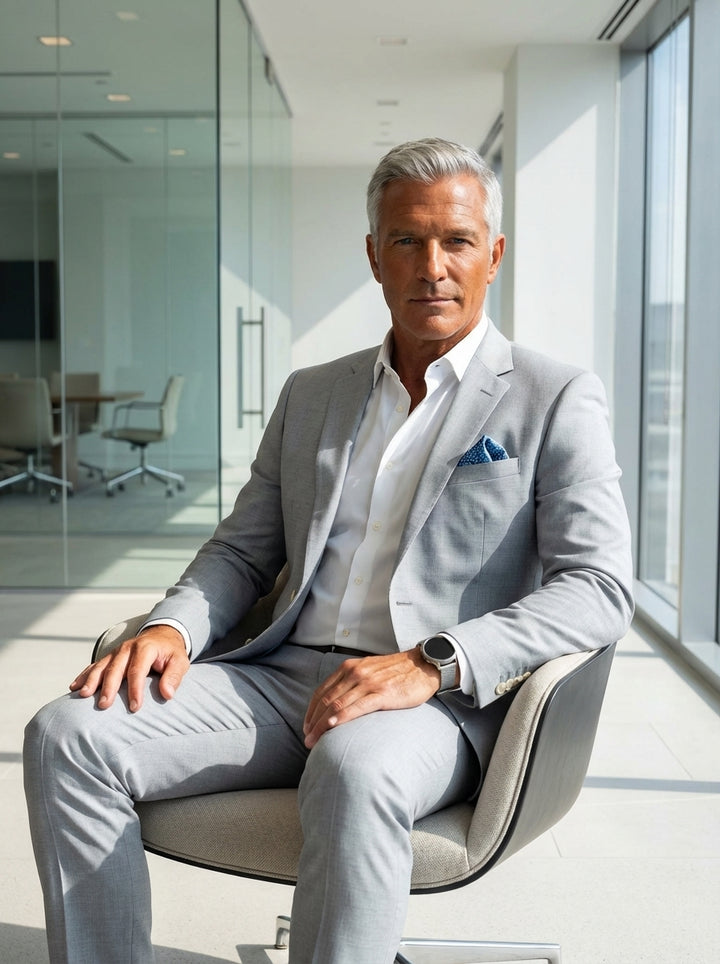 This sophisticated light gray tailored suit features a modern slim-fit silhouette with notch lapels and a single-button closure. Paired with a crisp white dress shirt and a blue patterned pocket square, it offers a refined and polished aesthetic.