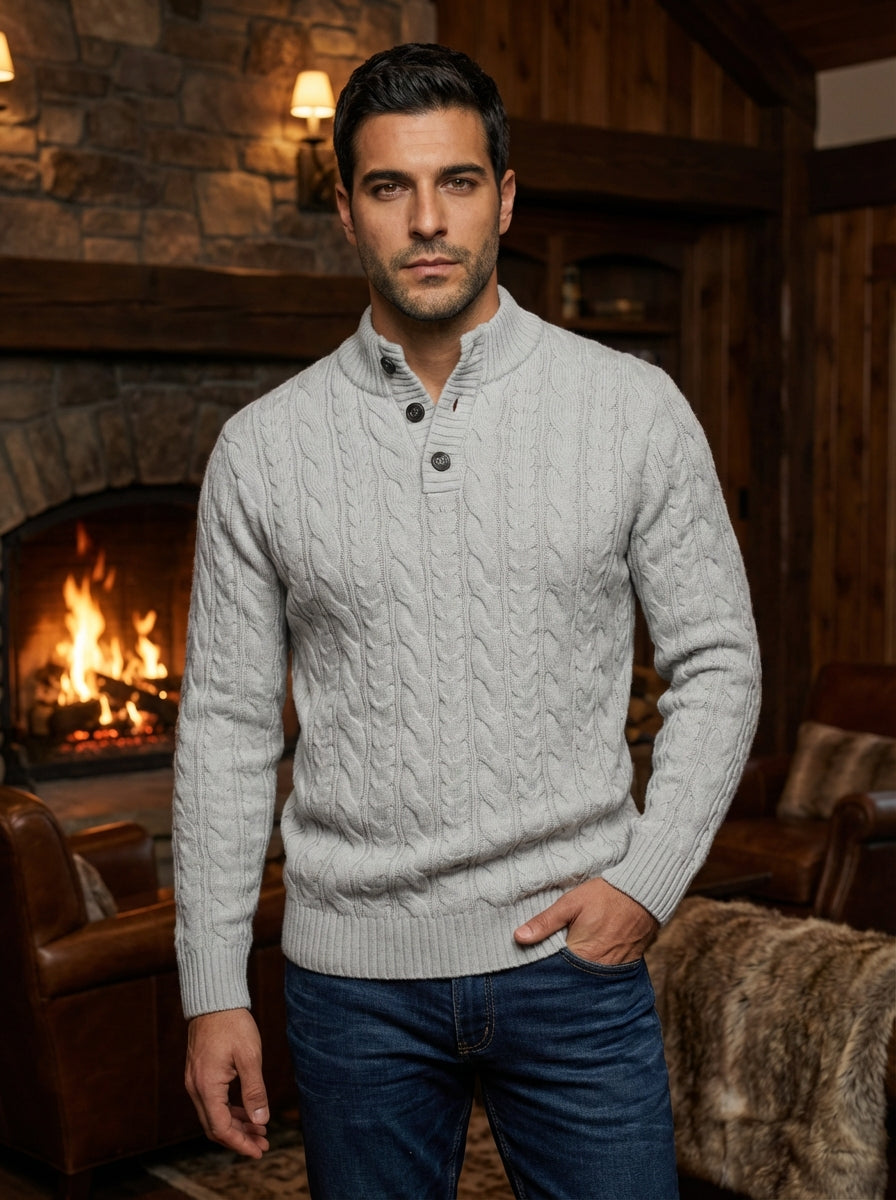 This premium light gray cable-knit sweater for men features a sophisticated buttoned mock neck and intricate textured patterns. Crafted for both warmth and style, the ribbed cuffs and hem provide a tailored fit that pairs perfectly with casual denim or tr