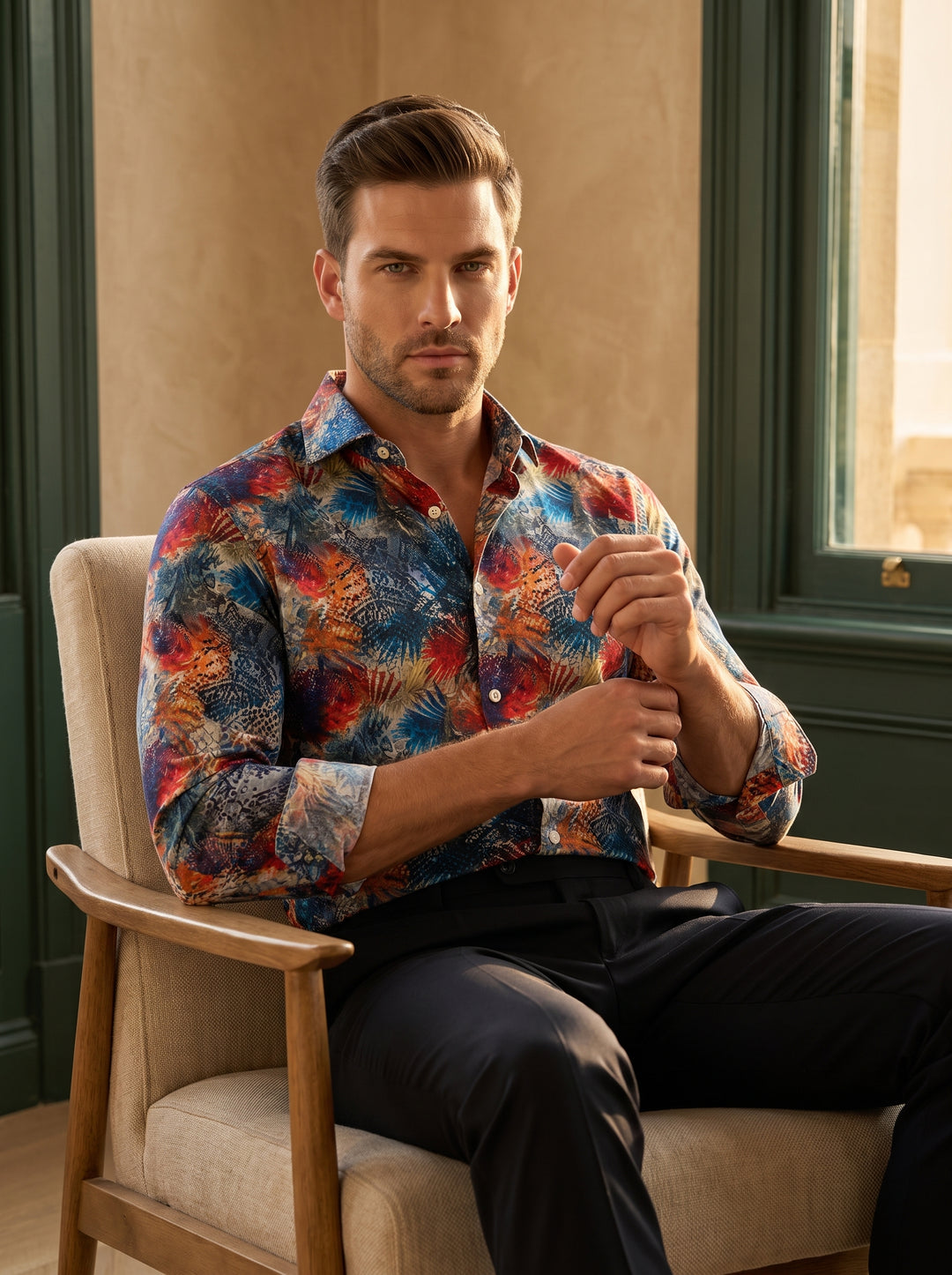 This men's button-down shirt features a vibrant, multi-colored abstract botanical print in shades of red, blue, and yellow. Crafted with a tailored fit and spread collar, it blends artistic flair with classic structure for a bold summer statement.