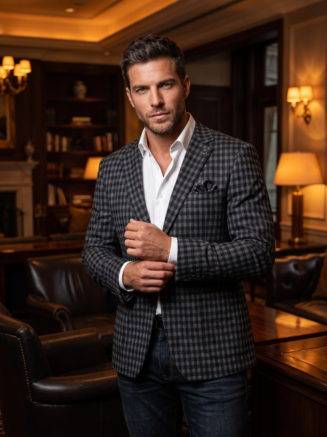 A sophisticated tailored blazer featuring a classic grey and black micro-check pattern. Styled with a crisp white open-collar shirt, dark denim, and a matching pocket square, the look offers a modern, refined aesthetic for semi-formal settings.