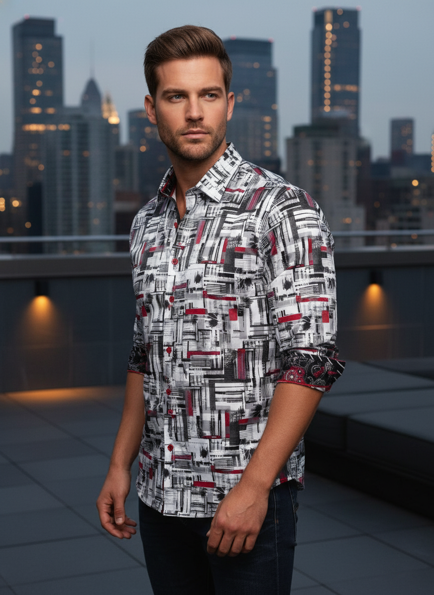 This avant-garde button-down shirt features a bold architectural print in monochrome and crimson. Enhanced with contrasting paisley-patterned cuffs and collar, it offers a sophisticated, contemporary edge for the modern, fashion-forward gentleman.