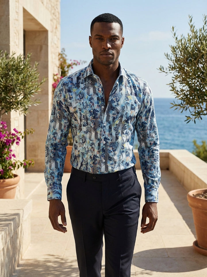 This Masutto long-sleeved button-down shirt features a sophisticated multi-tonal blue abstract print, blending geometric hatching with organic floral-inspired motifs. Crafted for a modern fit, the design offers a vibrant, artistic aesthetic perfect for ve