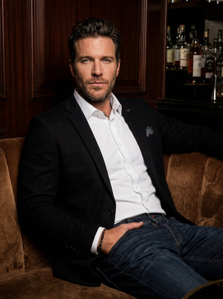 Elevate your evening wardrobe with this tailored black slim-fit blazer, featuring a subtle textured weave and notched lapels. Paired with a crisp white formal shirt and dark denim, this ensemble bridges the gap between sophisticated business attire and mo