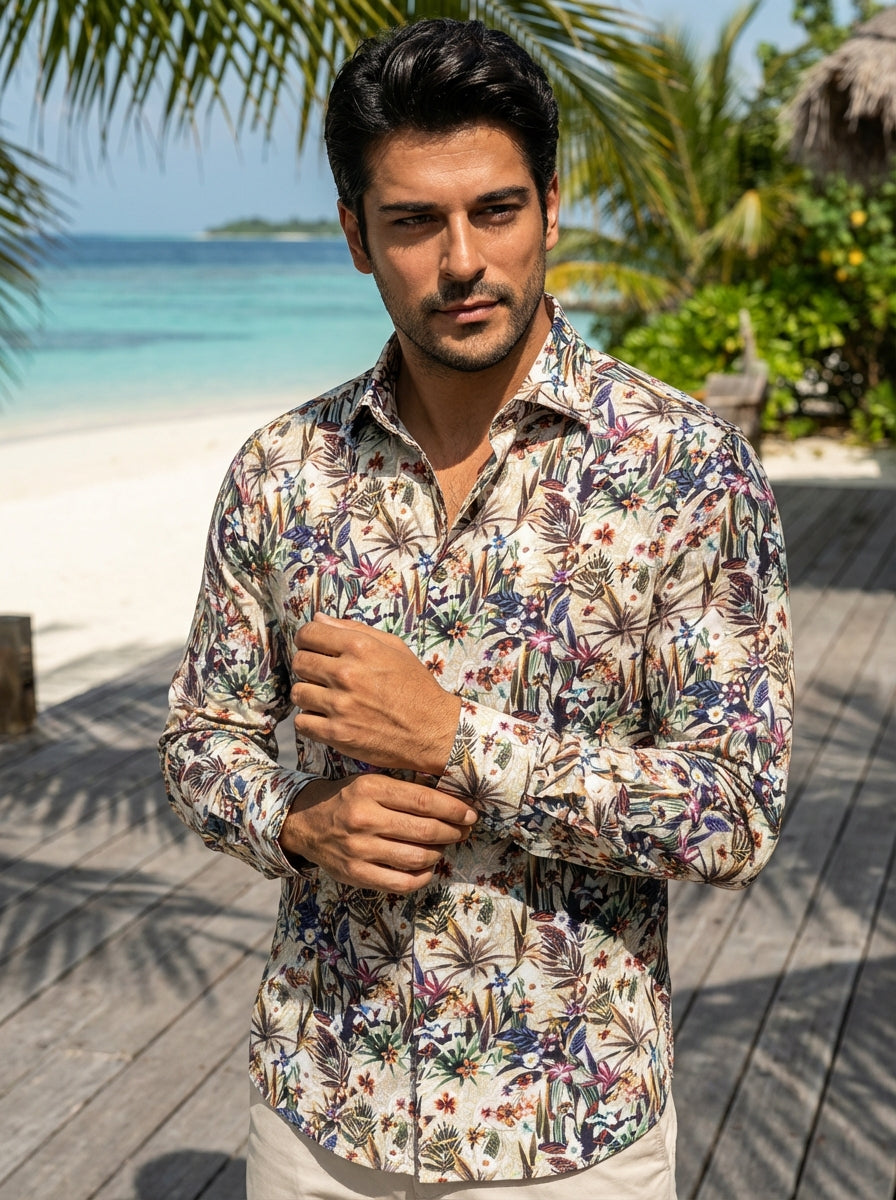 This Masutto button-down shirt features a vibrant all-over botanical print with tropical leaves and colorful flowers. Crafted from a textured cream fabric, it offers a sophisticated yet relaxed aesthetic, perfect for warm-weather styling with its refined 