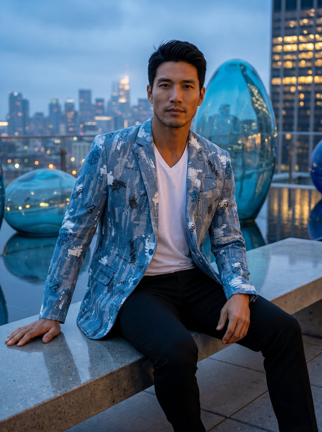 This modern tailored blazer features a light blue base with a textured, denim-like finish. It is uniquely embellished with white paint splatters and black graffiti-inspired illustrations, including hearts and script, paired with a white V-neck tee and bla
