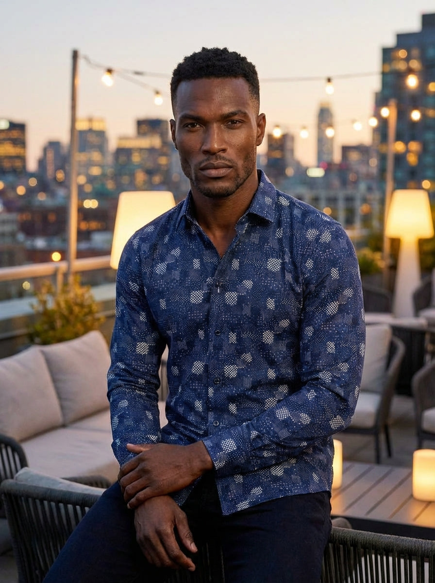Elevate your evening attire with this indigo blue button-down shirt, featuring an intricate white dotted pattern. Crafted for a modern tailored fit, this versatile piece offers a sophisticated aesthetic that seamlessly transitions from professional settin