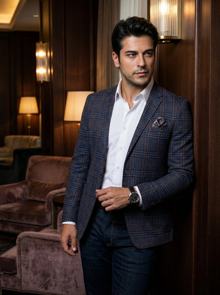 This sophisticated ensemble features a navy and rust plaid blazer with a tailored fit, paired with a crisp white button-down shirt. The look is grounded by dark denim jeans and accessorized with a classic leather watch and pattern pocket square.