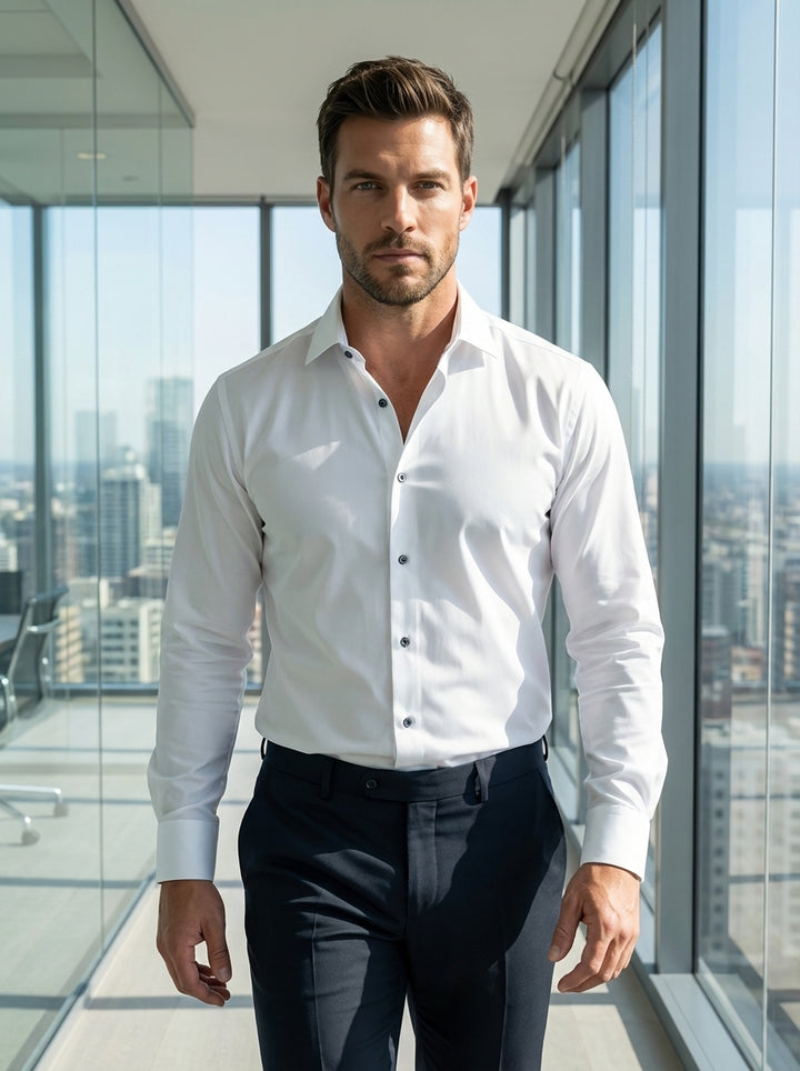 This classic white long-sleeve dress shirt features a crisp spread collar and a tailored fit. Constructed from a high-quality, smooth fabric, it includes a front button-down closure with contrasting dark buttons and rounded cuffs for a sophisticated, vers