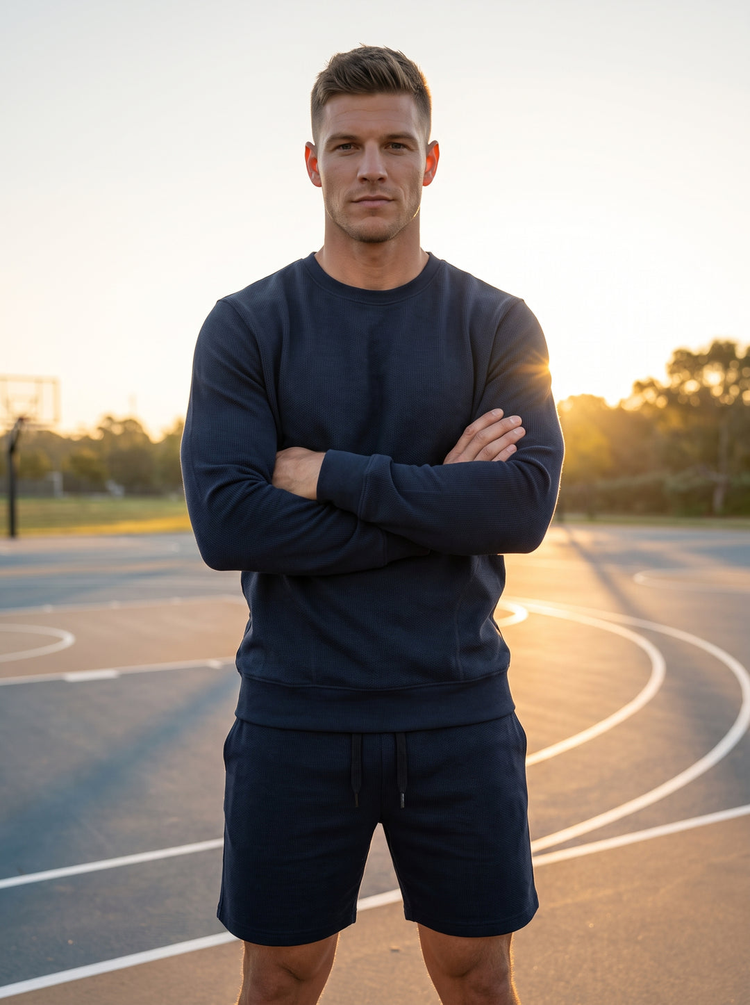 This premium navy blue coordinate set features a long-sleeve textured crewneck sweatshirt with ribbed cuffs and matching drawstring shorts. Crafted for comfort and versatility, the ensemble offers a tailored athletic fit suitable for lounge wear or modera