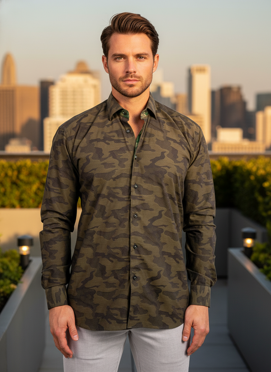 Crafted for the modern discerning gentleman, this premium long-sleeve button-down shirt features a sophisticated camouflage pattern in rich earth tones. Its subtle texture and contrasting collar lining offer a contemporary edge, blending casual style with