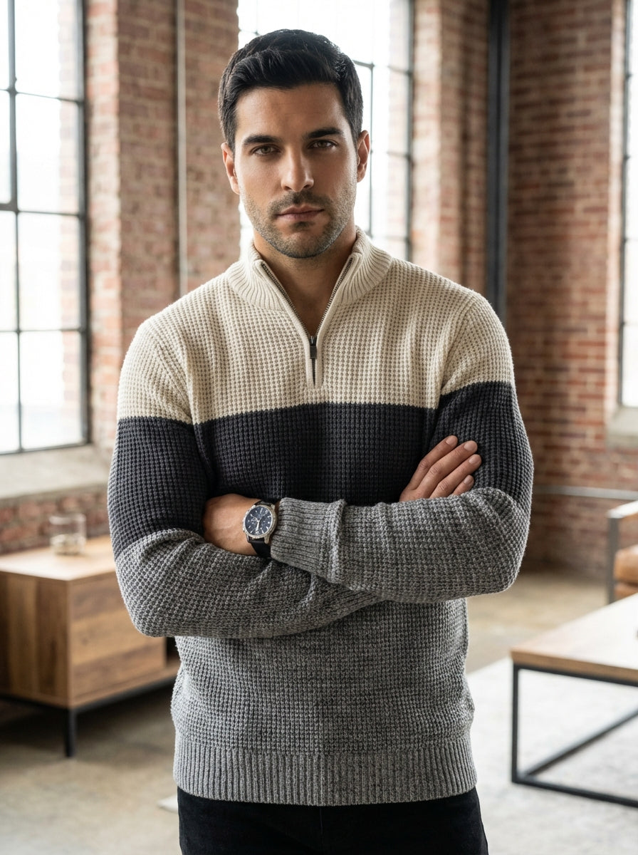 This premium men's quarter-zip sweater features a refined tri-tone color-blocked design in cream, charcoal, and heather gray. Crafted with a textured waffle-knit finish, it offers a mock neck and ribbed cuffs for a sophisticated, comfortable look suitable