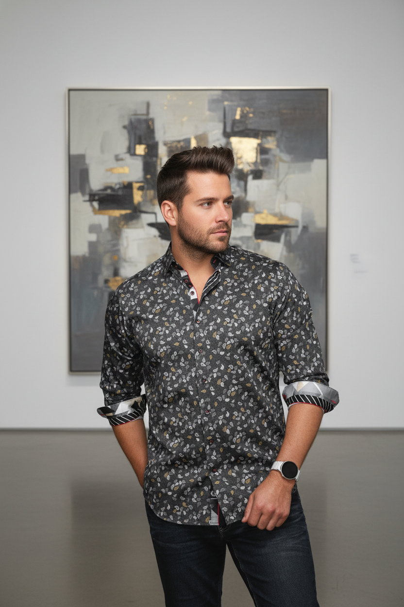 Exude modern sophistication in this charcoal long-sleeve shirt, adorned with an intricate white and gold paisley motif. Featuring a refined button-down collar and distinctive striped cuff details, it's perfect for a distinguished contemporary look.