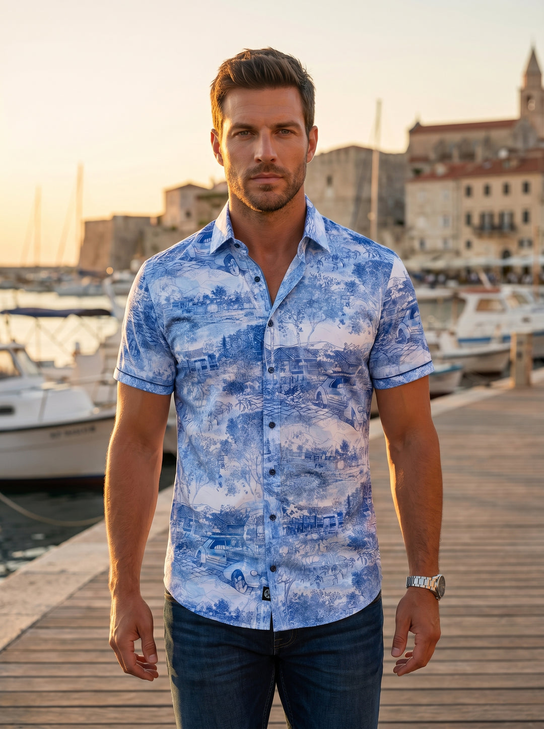 This men's short-sleeved button-up shirt features a vibrant blue and white toile-inspired print depicting scenic landscapes and classic cars. Crafted from breathable fabric, it offers a slim fit, structured collar, and contrasting button details for a sop