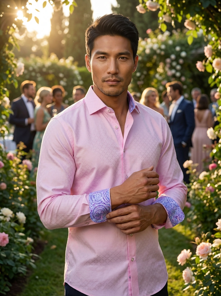 This light pink long-sleeved dress shirt by Masutto features a subtle geometric jacquard weave. The inner collar and cuffs are lined with a vibrant purple and blue circular pattern, adding a sophisticated pop of color to a classic design.