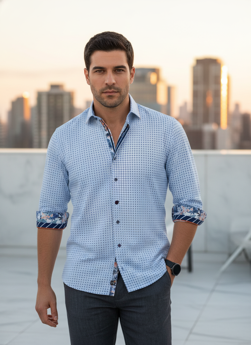 Tailored in a light blue micro-print, this shirt offers a modern twist with vibrant floral and striped contrast trims. A refined choice for the contemporary man, blending classic silhouette with eclectic, sophisticated detailing.