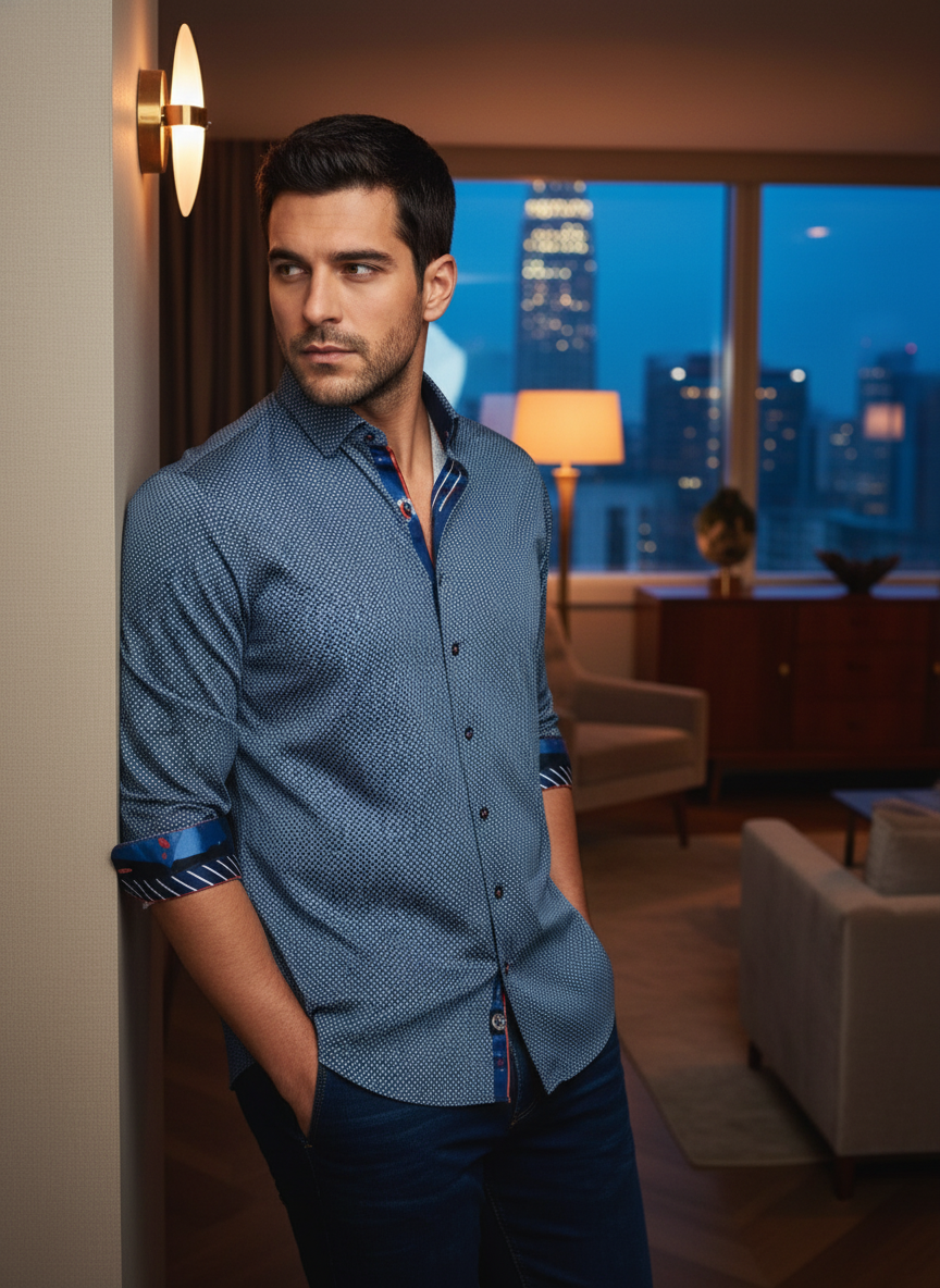 A sophisticated blue micro-patterned button-down shirt featuring vibrant contrast prints on the inner collar and cuffs. Tailored for a modern fit, this versatile piece blends classic elegance with a bold, contemporary edge for any occasion.
