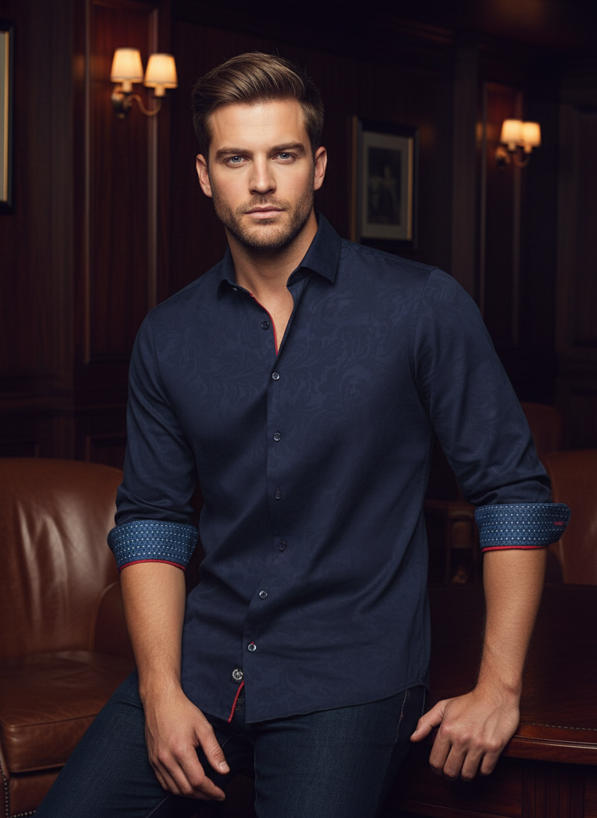 An elegant navy button-up featuring a subtle tonal damask weave and vibrant red piping. Contrast polka-dot cuffs add a playful, modern edge to this impeccably tailored shirt, designed for the contemporary gentleman's evening wardrobe.