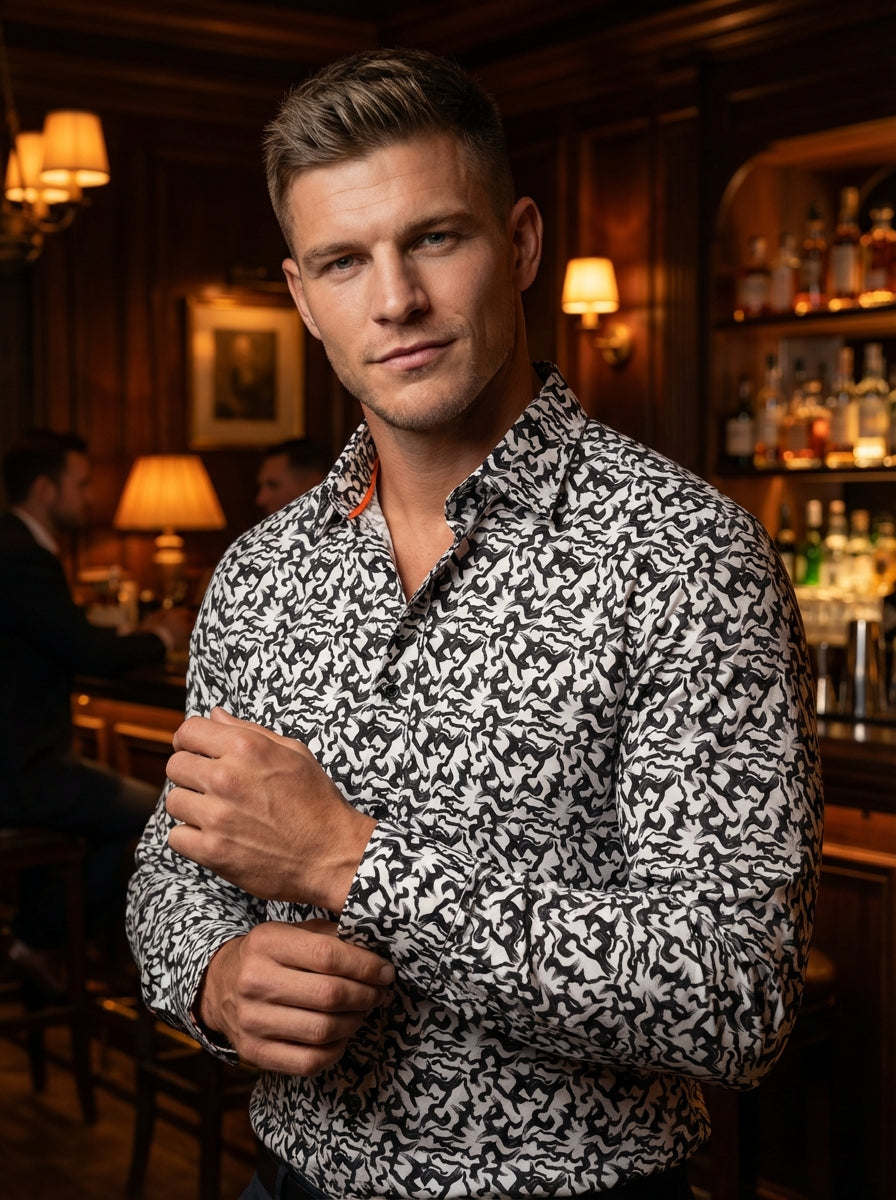 This Masutto long-sleeve button-down shirt features a bold, monochromatic abstract brushstroke print. Crafted with a tailored fit, it includes a contrast orange inner collar lining and classic black buttons, offering a sophisticated contemporary look for 