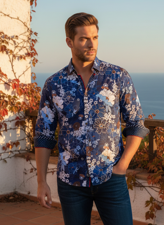 Embrace vibrant elegance with this men's luxurious long-sleeve shirt. Adorned with a captivating multi-blue and white floral print, subtly accented with red trim and a contrasting cuff lining, it offers a sophisticated blend of style and distinction for t