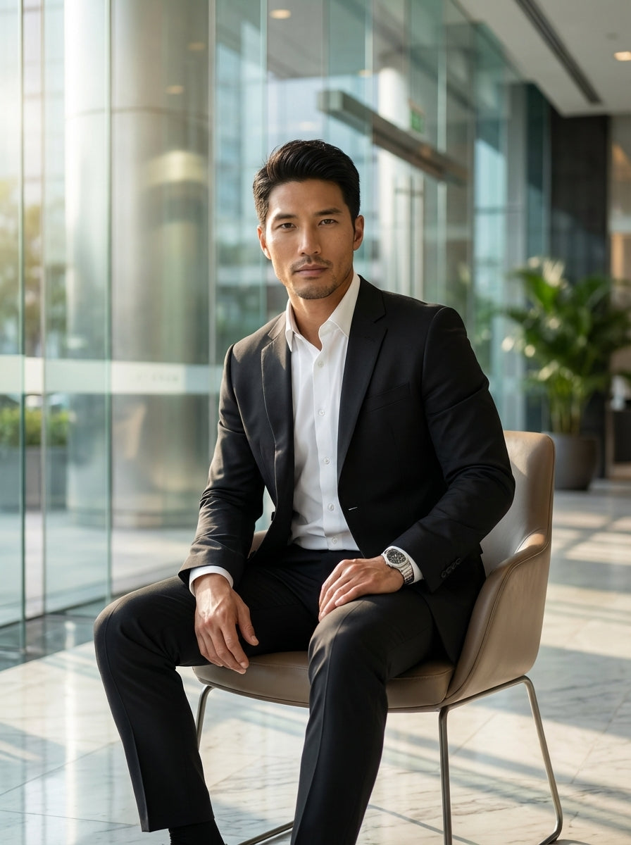 A classic tailored black suit featuring a sharp two-button blazer with notch lapels and matching slim-fit trousers. Paired with a crisp white button-down shirt, this ensemble offers a timeless, sophisticated silhouette suitable for formal events and high-