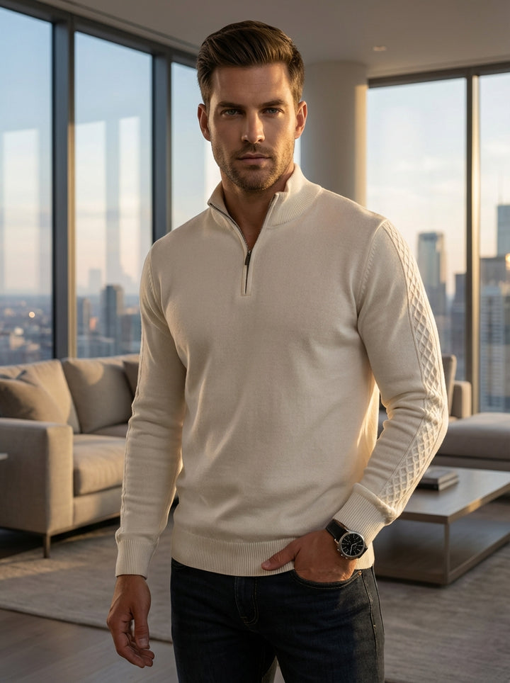 Elevate your wardrobe with this sophisticated ivory quarter-zip pullover. Crafted from premium, soft-touch knit fabric, it features distinctive diamond-textured detailing along the sleeves for a modern architectural finish. A versatile staple that bridges