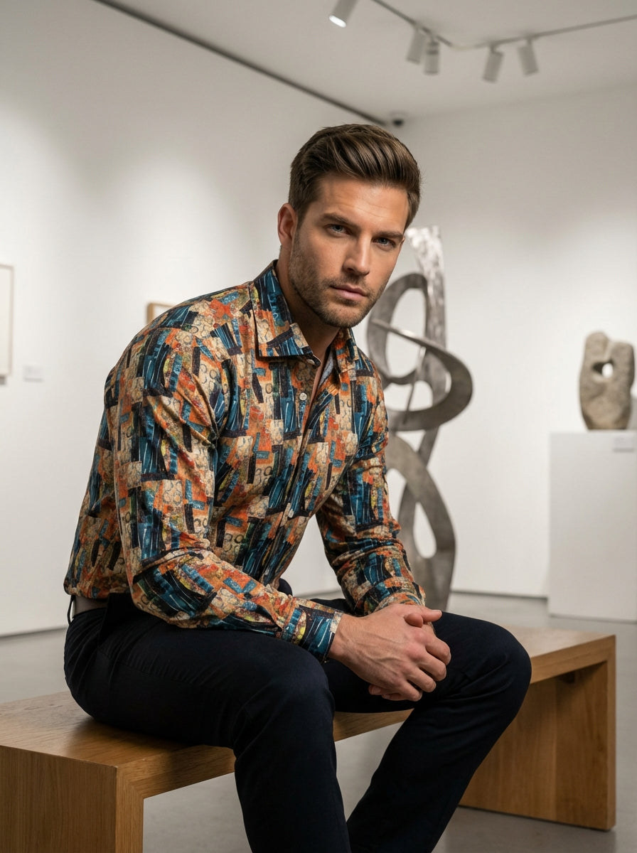 This Masutto long-sleeve shirt features a vibrant abstract print blending earthy oranges, deep teals, and neutrals. Crafted with an eye-catching geometric and circular pattern, it offers a sophisticated yet eclectic look, perfect for men seeking a bold, a