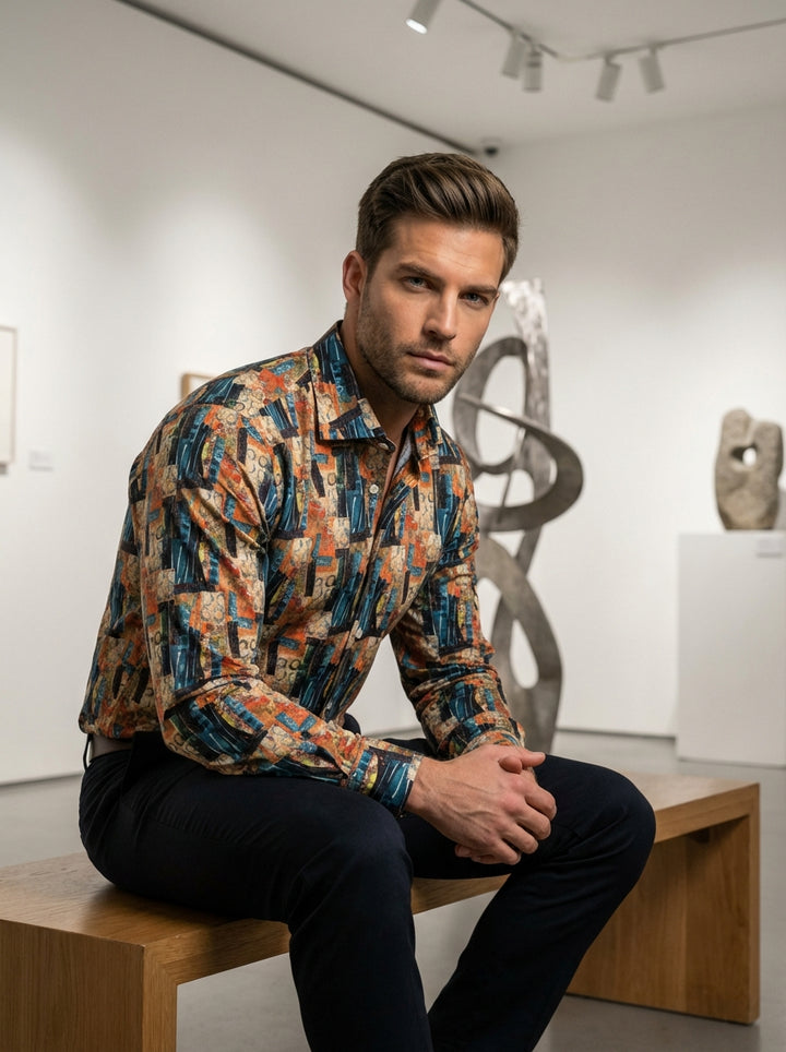 This Masutto long-sleeve shirt features a vibrant abstract print blending earthy oranges, deep teals, and neutrals. Crafted with an eye-catching geometric and circular pattern, it offers a sophisticated yet eclectic look, perfect for men seeking a bold, a