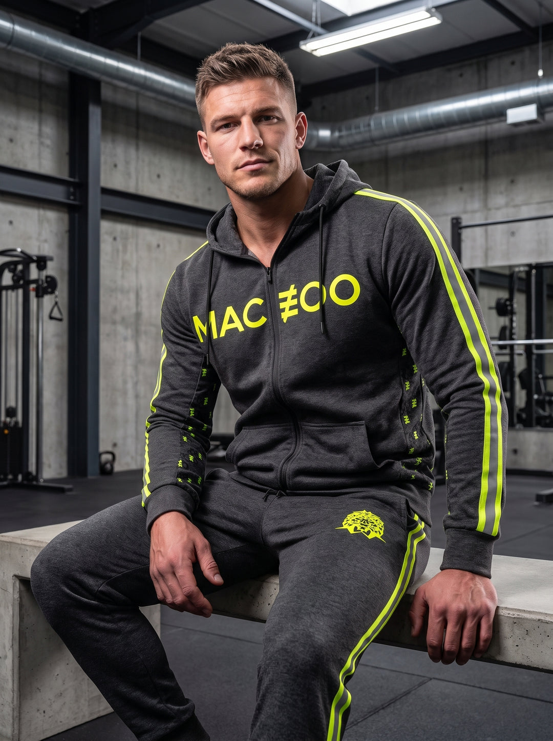 This charcoal heather performance zip-up hoodie features vibrant neon yellow branding across the chest and down the sleeves. Designed for fitness enthusiasts, it includes a functional hood, split kangaroo pocket, and ribbed cuffs for a secure, comfortable