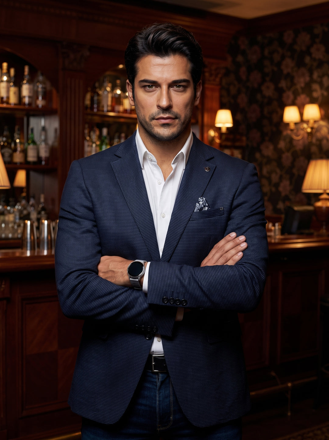 A textured navy blue blazer featuring a subtle micro-pattern, notch lapels, and a decorative pocket square. It is styled over a crisp white button-down shirt and dark denim, complemented by a modern smartwatch for a polished, smart-casual aesthetic.