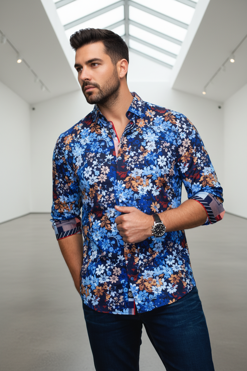 A vibrant floral masterpiece, this men's button-down shirt bursts with rich blues, amber, and subtle crimson blooms on a deep navy ground. Exquisitely tailored with striking contrast details, it offers a sophisticated statement for any occasion.