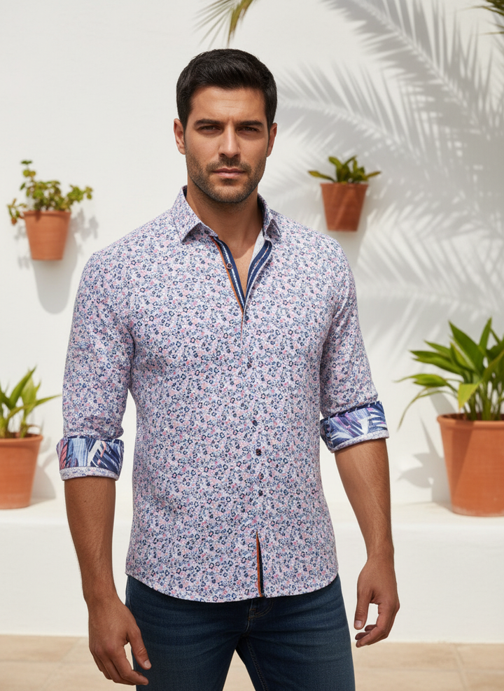 A sophisticated button-down featuring an intricate micro-floral motif. Subtle orange piping and bold tropical-print accents on the inner collar and cuffs provide a modern, artistic edge to this refined, versatile wardrobe essential.