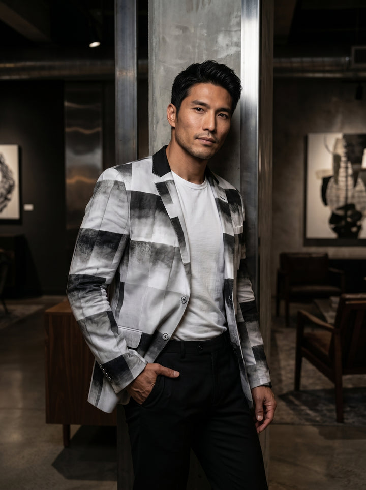 This avant-garde men's blazer features a striking black and white watercolor-inspired checkered pattern. Designed with a slim fit, it includes a contrast black collar, two-button closure, and flap pockets, making it a sophisticated statement piece for mod