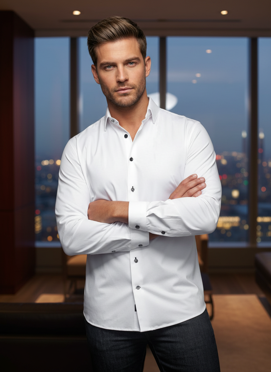 A crisp, tailored white long-sleeved shirt featuring sophisticated dark contrast buttons and a sharp spread collar. This versatile piece offers a modern silhouette, perfectly blending timeless elegance with contemporary edge for both professional and even