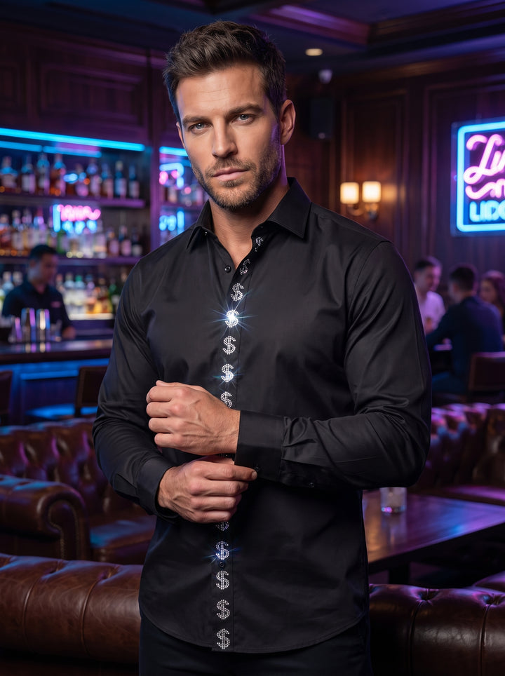 This sleek black long-sleeve dress shirt features a tailored fit and a unique vertical placket design. Embellished with a repeating dollar sign motif in brilliant white crystals, it offers a bold, luxury aesthetic for making a high-impact style statement.