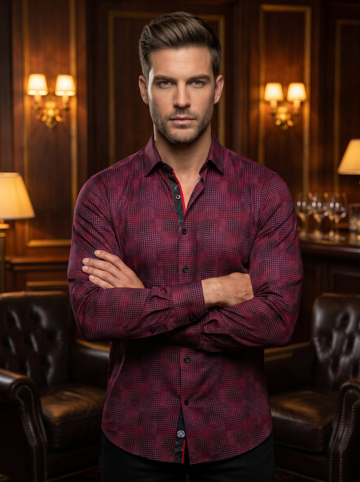 A sophisticated men's long-sleeve button-down shirt featuring a complex geometric micro-check pattern in shades of deep burgundy and black. The design includes contrasting inner collar and cuff trims with red accents, offering a modern, tailored fit for u