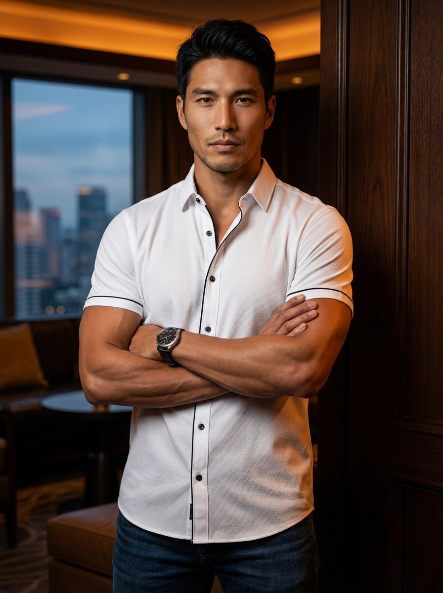This crisp white short-sleeve button-down shirt features a refined textured fabric and contrasting black trim along the placket and cuffs. Tailored for a modern fit, it provides a sophisticated look that transitions seamlessly from casual afternoon gather