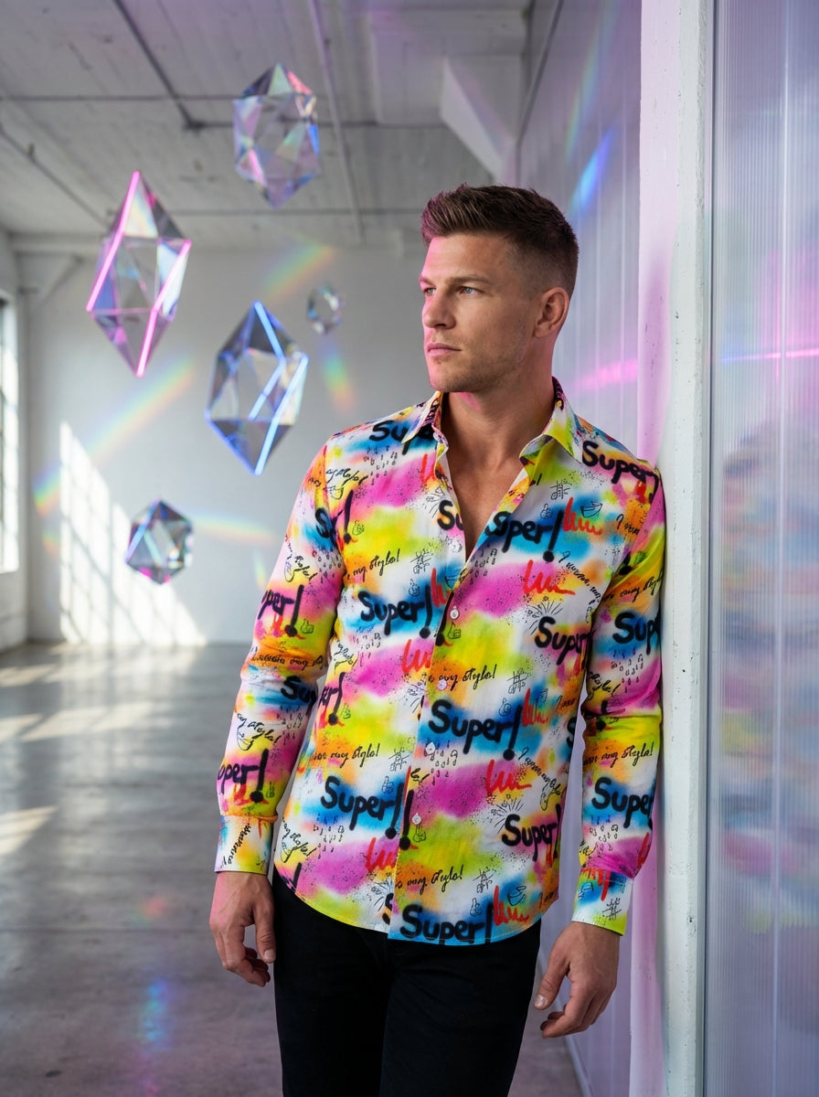 This vibrant Bertigo button-down shirt features a multi-colored graffiti and spray-paint aesthetic. The bold design incorporates neon hues, playful sketches, and handwritten-style typography. Crafted with a crisp collar and buttoned cuffs, it offers a con