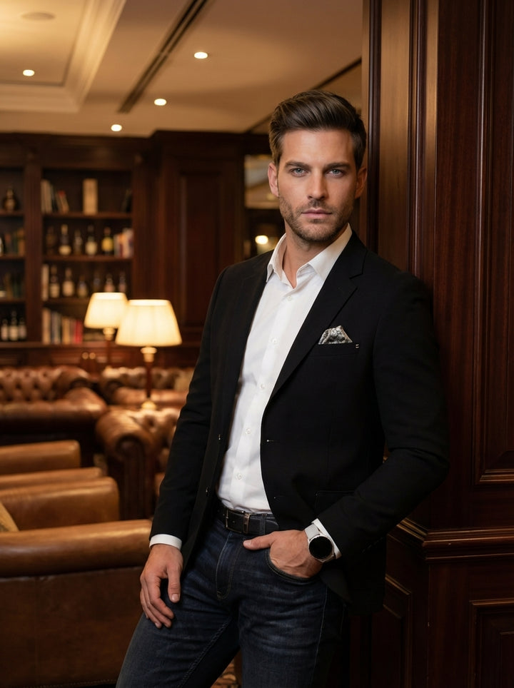 This tailored black blazer features a slim fit and notched lapels, paired with a crisp white button-down shirt. The smart-casual ensemble is accessorized with a decorative pocket square and a modern smartwatch, ideal for transitions from day to evening we
