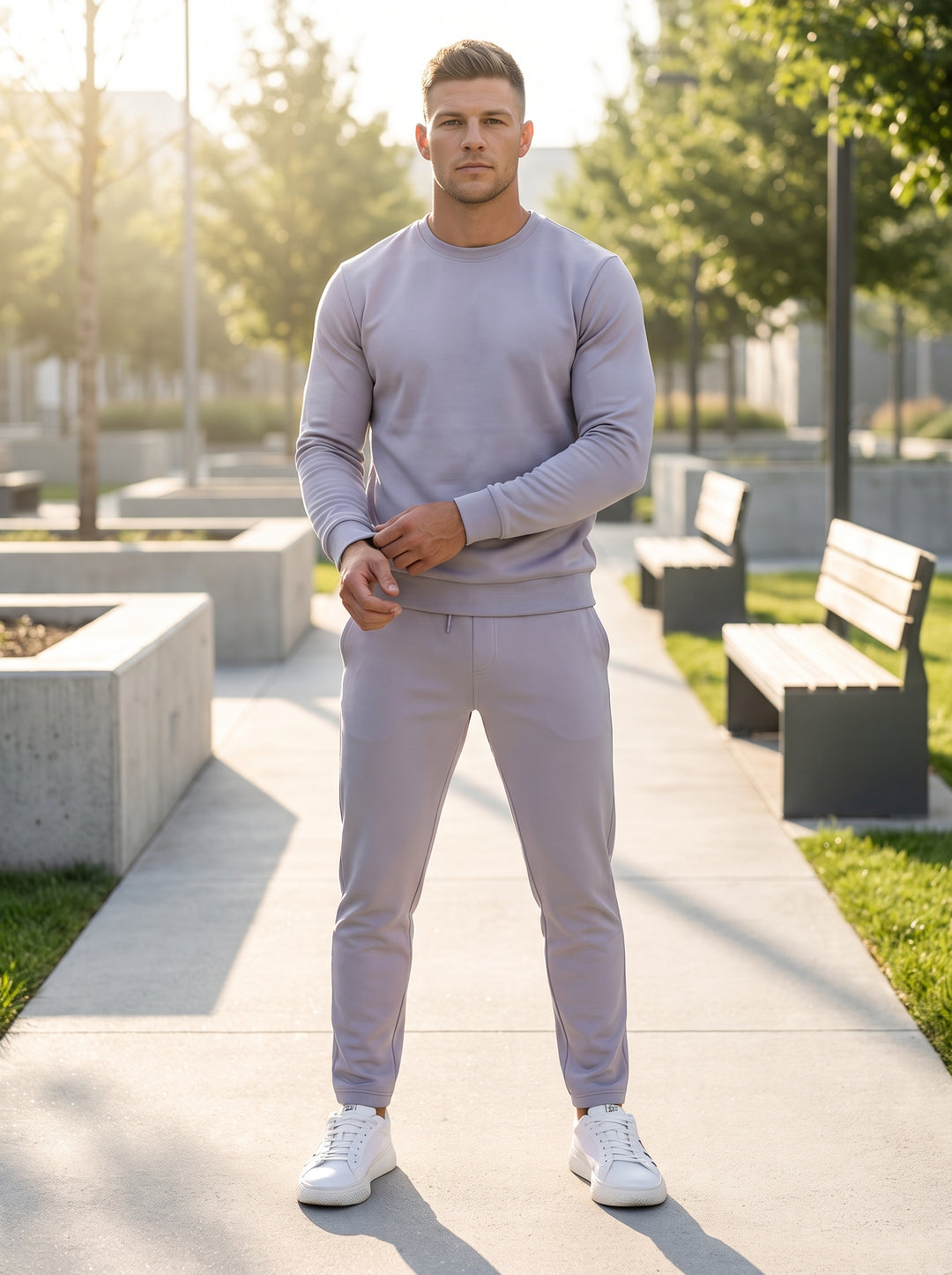 These modern men's slim-fit joggers feature a clean lavender-grey hue with a technical jersey finish. Designed for versatility, they include a smooth waistband, subtle side pockets, and tapered ankles, paired here with a matching crewneck sweatshirt for a