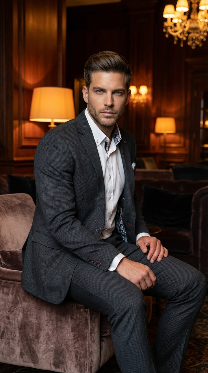 This sophisticated charcoal micro-patterned suit features a modern slim-cut blazer with vibrant red stitching details and a contrast floral-print interior lining. Paired with matching tailored trousers and a crisp white button-down, it delivers a sharp, f