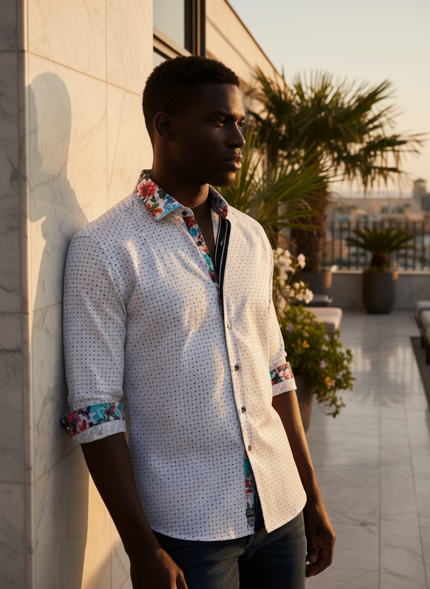 A sophisticated tailored shirt featuring a crisp white geometric micro-print. Elevated by vibrant floral and striped contrast detailing on the collar and cuffs, this piece offers a modern, eclectic edge for the discerning gentleman.