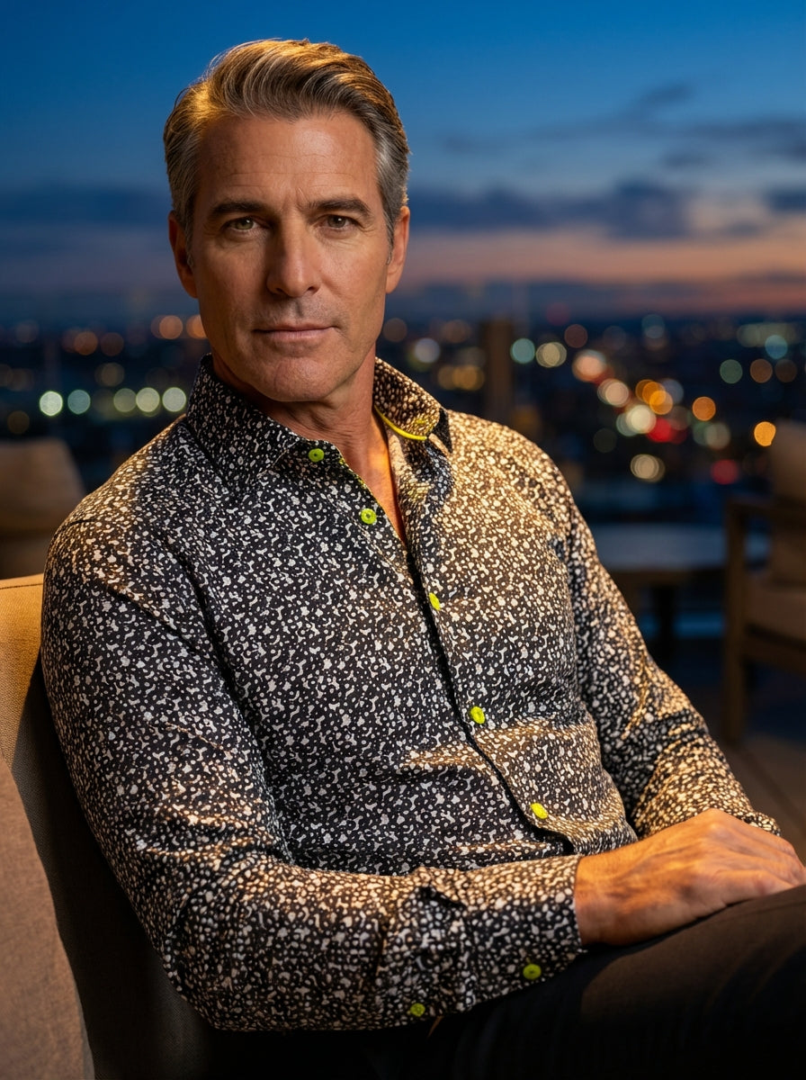 This Masutto long-sleeve dress shirt features a dynamic black and white interlocking circle pattern. It is elevated by vibrant neon yellow buttons and matching interior collar piping, offering a contemporary, tailored fit that blends classic shirting with